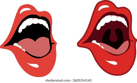 Two bright open mouths with white teeth and red lipstick on a white background. Emotional female lips in the style of pop art, vector graphics.