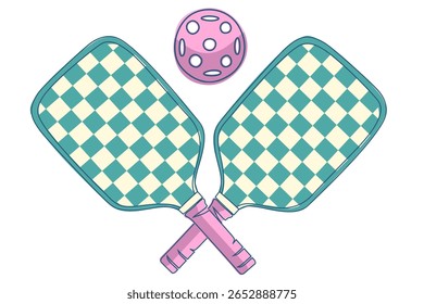 Two bright pickleball rackets crossed between each other and a pink pickleball ball on top on white background