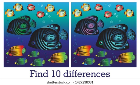 two bright pictures with exotic fish. we need to find ten differences. puzzle for children 3-5 years. vector illustration. EPS 10.