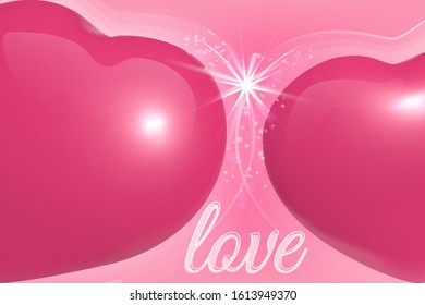 two bright pink hearts 3D love wedding newlyweds