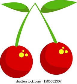 two bright red cherries with green leaves on a white background healthy ripe fruits containing vitamins food concept