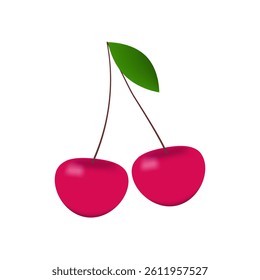 Two bright red cherries with a green leaf and white background,