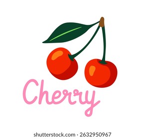 Two bright red cherries with a green leaf and brown stems, flat cartoon style, on a clean white background. Concept of fruit, summer, and freshness. Vector illustration