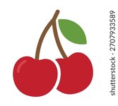 Two bright red cherries on connected brown stems with a single green leaf, a sweet fruit flat vector icon.