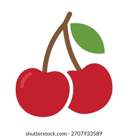 Two bright red cherries on connected brown stems with a single green leaf, a sweet fruit flat vector icon.