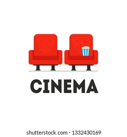 Two bright red cinema armchairs, paper bucket with popcorn on seat. Business icon. Film industry. Movie theater. Entertainment theme. Colorful flat vector illustration isolated on white background.