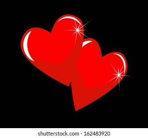 two bright red hearts on a black background, vectorial illustration