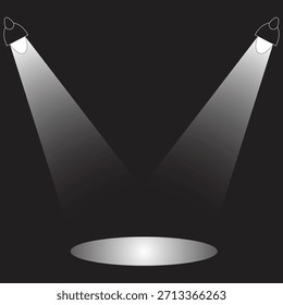 Dois holofotes brilhantes iluminam um palco circular contra um fundo escuro e vazio, criando uma atmosfera dramática e focada.