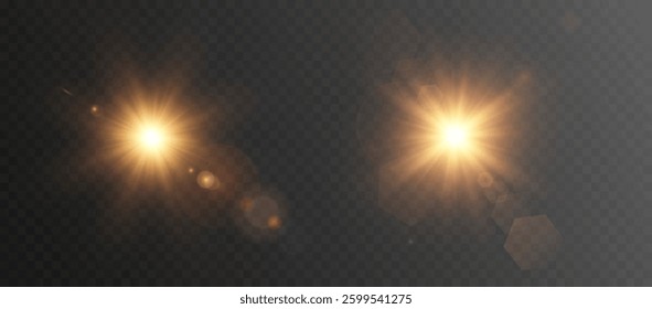 Two bright sunbursts with warm golden light on a transparent background. These stunning effects add depth and radiance, perfect for any creative project.
