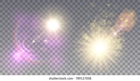 Two bright suns with colorful lens flare on light checkered background.