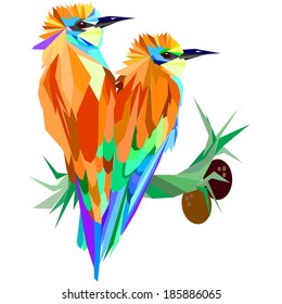 two bright tropical bird on a branch with coconuts in the abstract style