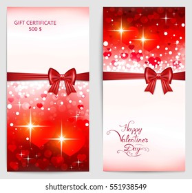 two bright vertical valentine with hearts, red bow, lettering and place for your text , vector illustration