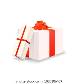 Two bright white gift boxes with red tapes and bows isolated on white