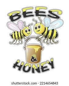 two bright yellow bees, a girl and a boy, with a bucket of honey are smiling sweetly with the inscription "BEES AND HONEY" on an isolated white background. Children's illustration.Vector illustration.