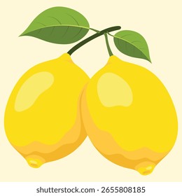 Dois limões amarelos brilhantes penduram-se de um caule com folhas verdes, retratadas em uma ilustração simples, semelhante a um desenho animado contra um fundo amarelo pálido.