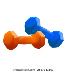 Dos mancuernas de colores brillantes en naranja y azul, estilo de dibujos animados sobre fondo blanco. Concepto de deporte, entrenamiento y entrenamiento de fuerza. Ilustración vectorial