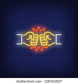 Two bro fists neon sign. Glowing fists on brick wall background. Vector illustration can be used for gesturing, communication, chatting