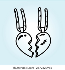 Two broken heart necklaces, symbolizing a lost love or friendship.  Simple line art illustration.