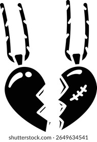 Two broken heart necklaces, symbolizing a lost love or friendship.  Simple line art illustration. Icon vector solid style