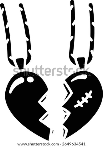 Two broken heart necklaces, symbolizing a lost love or friendship.  Simple line art illustration. Icon vector solid style