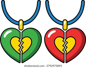 Two broken heart pendants, green and red, with yellow centers and blue necklaces