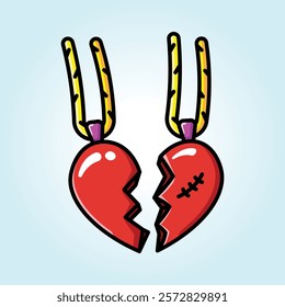 Two broken heart pendants, symbolizing a fractured relationship or heartbreak. The image is a simple illustration with bold colors.