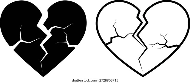 Dos símbolos de corazón roto, uno lleno y otro delineado, ambos agrietados y separados, sobre un fondo blanco.