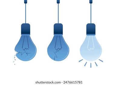 Two broken light bulbs and one glow bulb. Good and bad ideas - brainstorming. Search for new ideas for successful business or development. Creativity, pitching idea, innovation. vector illustration