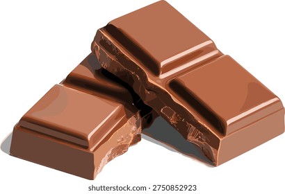 Two broken pieces of milk chocolate bar are positioned with a gap between them on a white background, casting a shadow.