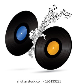 two broken vinyls with music notes