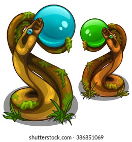 Two bronze statues in the form of snakes, holding a glass ball. Vector illustration.