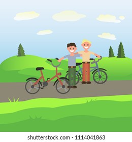 Two brothers with bicycles. Friends trip. Summer trip. Sport. Cartoon style.
Friends are traveling by bicycle. Green grass background. Friendship.
Young boys. Teenagers. Flat.
