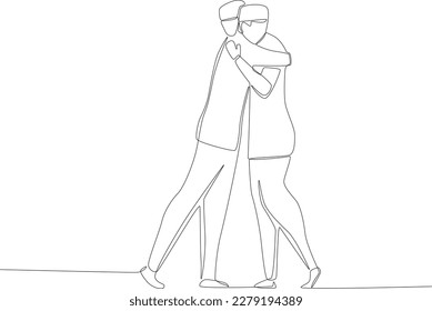 Two brothers hugging on eid mubarak. Silaturahim one-line drawing