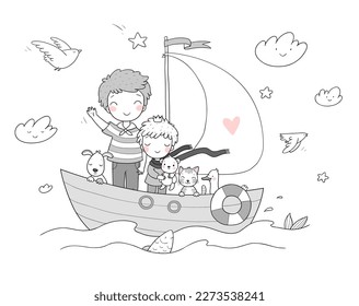 Two brothers are on a boat. Two little boys are playing sailors. Two friends and their toys. Cute cartoon kids and cat, dog and goose. 
