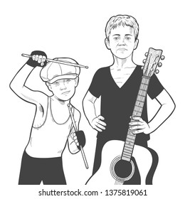 Two brothers. One with a guitar, the second with drum sticks.