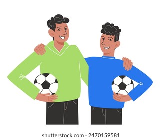 Dos hermanos están uno al lado del otro sosteniendo pelotas de fútbol