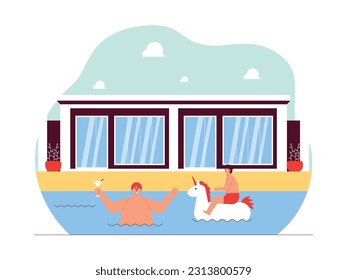 Two Brothers Swimming in The Pool, Holiday Together, Drinking Cold Water and Riding on A Swimming Float, Stay at The Villa