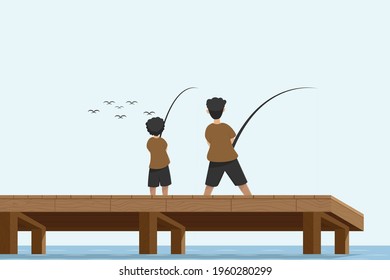 Two brothers who are fishing on the sea pier