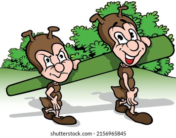 Two Brown Ants Carrying Green Stalk - Colored Cartoon Illustration Isolated on White Background, Vector