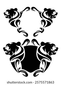 two brown bear heads and heraldic style copy space blank shield black and white vector design set