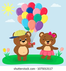 Two brown bears, a boy in a cap giving balloons to a girl in a pink skirt, in a cartoon style. They stand on a summer glade against the background of the sky . Vector, flat design.
