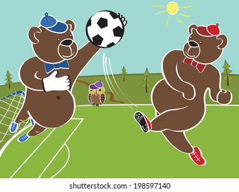 Two brown bears plays football .The goalkeeper and striker playing in the woods on the football field.Cartoon vector humorous illustration