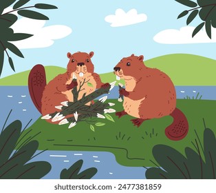 Two brown beavers prepare logs and branches for a dam on the river bank near the bushes. Concept of wild forest animals in natural habitat. Summer landscape. Cartoon flat vector illustration.