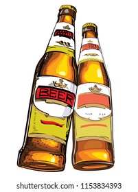 Two brown bottles of beer with label. Vector illustration. Cheers.