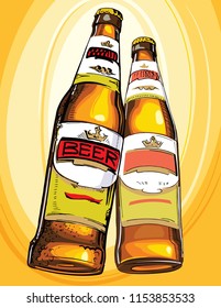 Two brown bottles of beer with label. Vector illustration. Cheers.