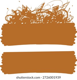 Zwei braune Pinselstrichbanner mit farbigen Designelementen auf transparentem Hintergrund