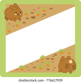 Two brown bunnies jumping in carrot field, middle left blank for text (kawaii style template)