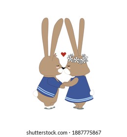 Two brown bunnies on a white background. Pair of clothes for lovers. Postcards Valentine's Day