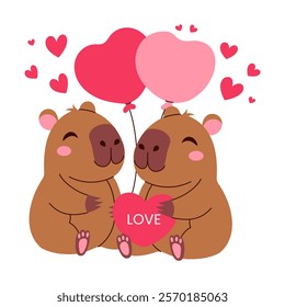 Two brown capybaras holding a heart and balloons. The bears are hugging and the balloons are pink. The image is a cute and heartwarming scene of love