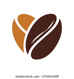 Two brown and caramel abstract coffee bean vectors in shape of a heart portraying love for coffee isolated against white background. Great for breakfast and cafe branding, icons and logos.